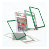 Three transparent acrylic or glass display frames with bright green borders are shown floating on a white background, with one frame leaning to support a collectible card graded in a plastic slab.