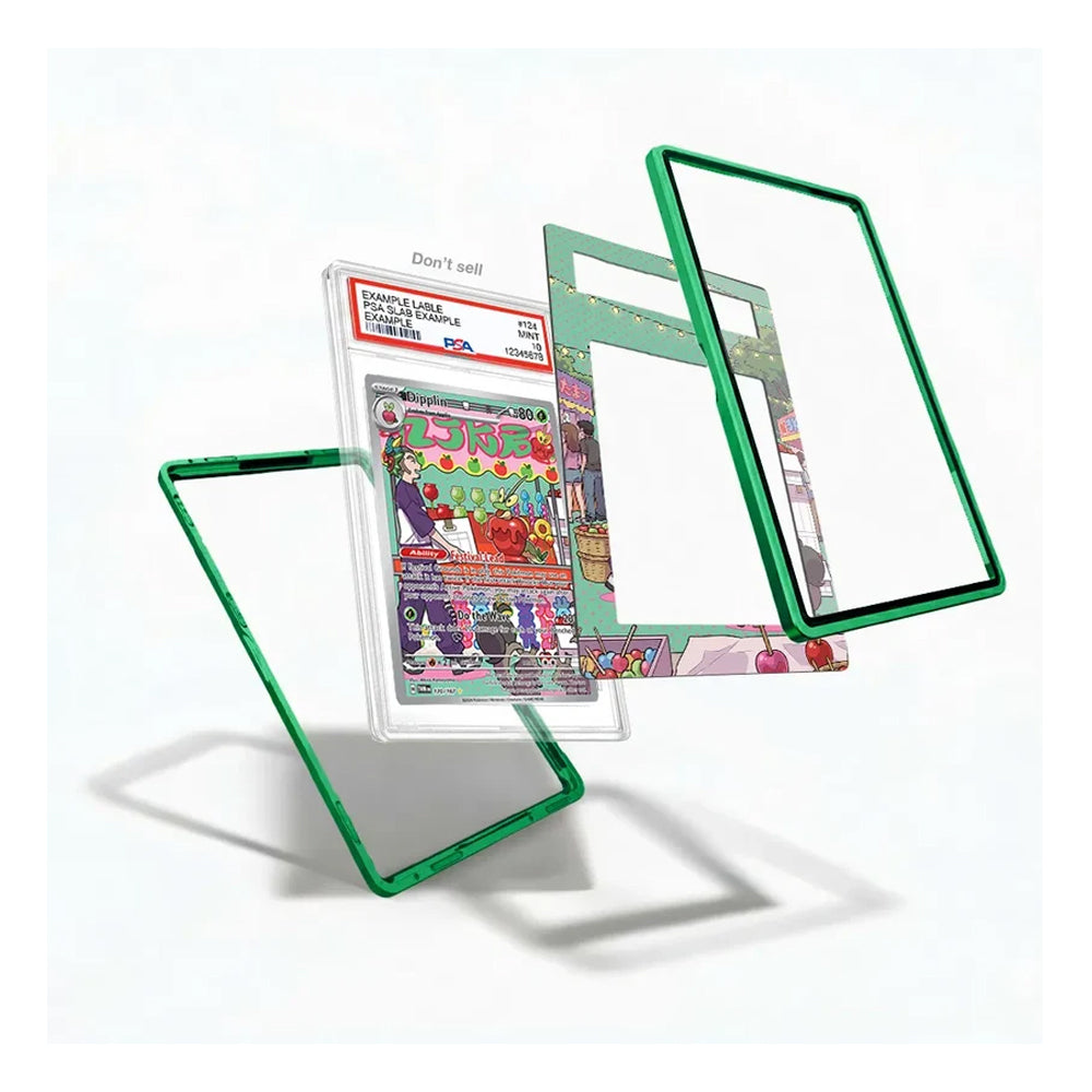 Three transparent acrylic or glass display frames with bright green borders are shown floating on a white background, with one frame leaning to support a collectible card graded in a plastic slab.