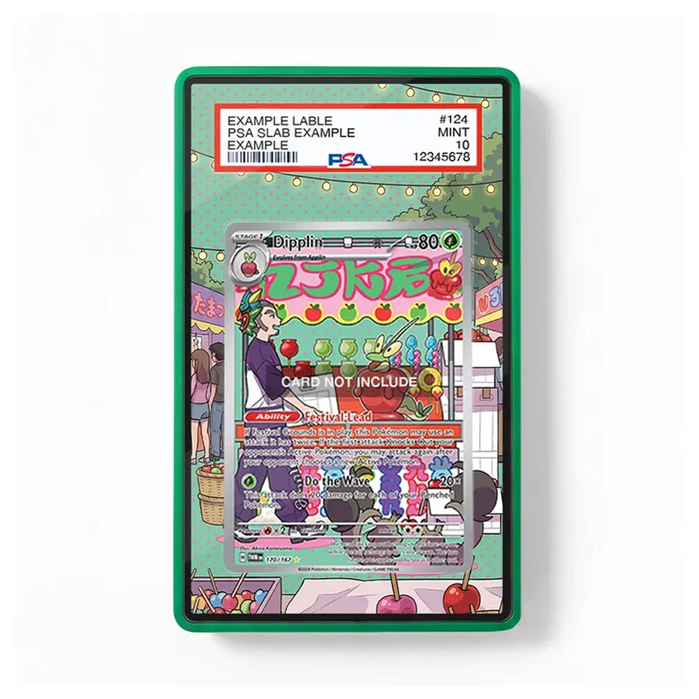 A graded collectible card slabbed in a green PSA holder, featuring a colorful illustrated trading card with a green border and a white grading label at the top.