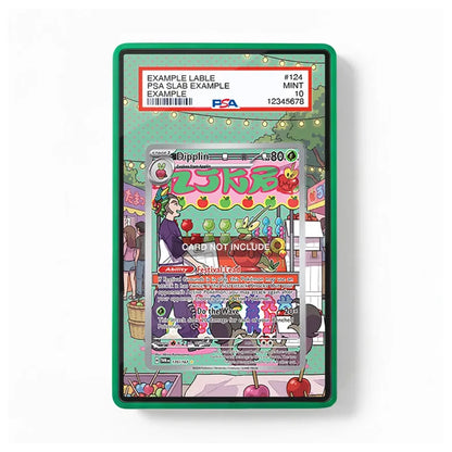 A graded collectible card slabbed in a green PSA holder, featuring a colorful illustrated trading card with a green border and a white grading label at the top.