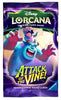 A pack of Disney Lorcana Trading Card Game 'Attack of the Vine!' booster packs, featuring colorful cartoon artwork of a blue monster and a purple background.