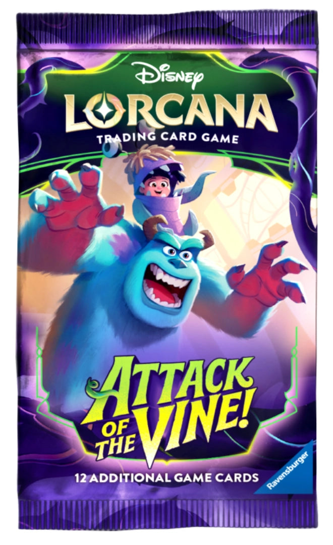 A pack of Disney Lorcana Trading Card Game 'Attack of the Vine!' booster packs, featuring colorful cartoon artwork of a blue monster and a purple background.