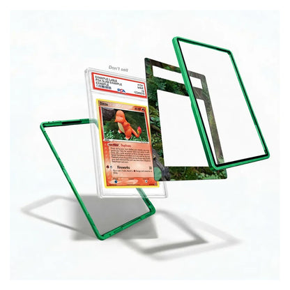 Three clear protective card cases with bright green frames are displayed on a white background, with one case shown holding a graded Pokémon TCG card.