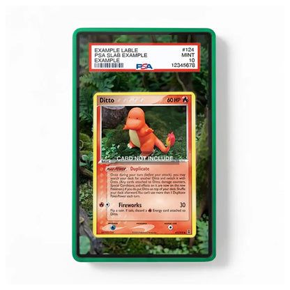 A green protective card slab containing a Pokémon Ditto trading card, photographed against a clean white background. The slab has a clear top and a green side border, with a PSA grading label visible at the top.