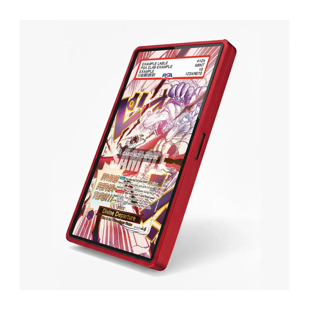 A red protective phone case with a dynamic comic book battle illustration on the screen, shown at an angle on a light gray background.