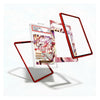 Three clear acrylic display frames with red borders are shown floating around a graded comic book on a white background.