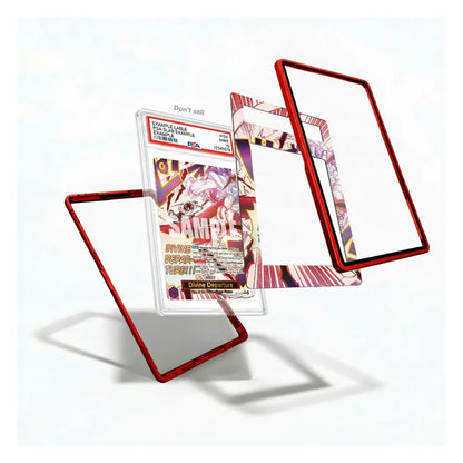 Three clear acrylic display frames with red borders are shown floating around a graded comic book on a white background.
