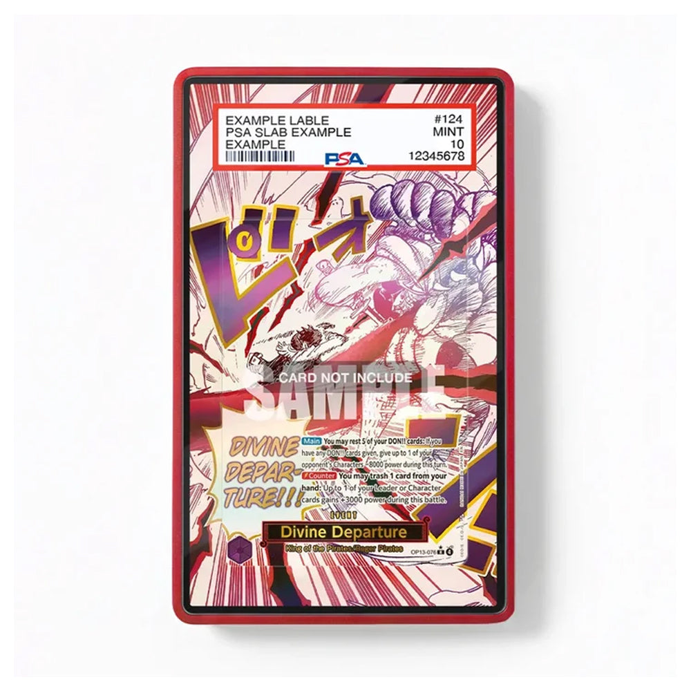 A red-bordered PSA grading card showing a collectible card example with comic-style artwork, text fields, and a 'Card Not Include' watermark, photographed on a white background.