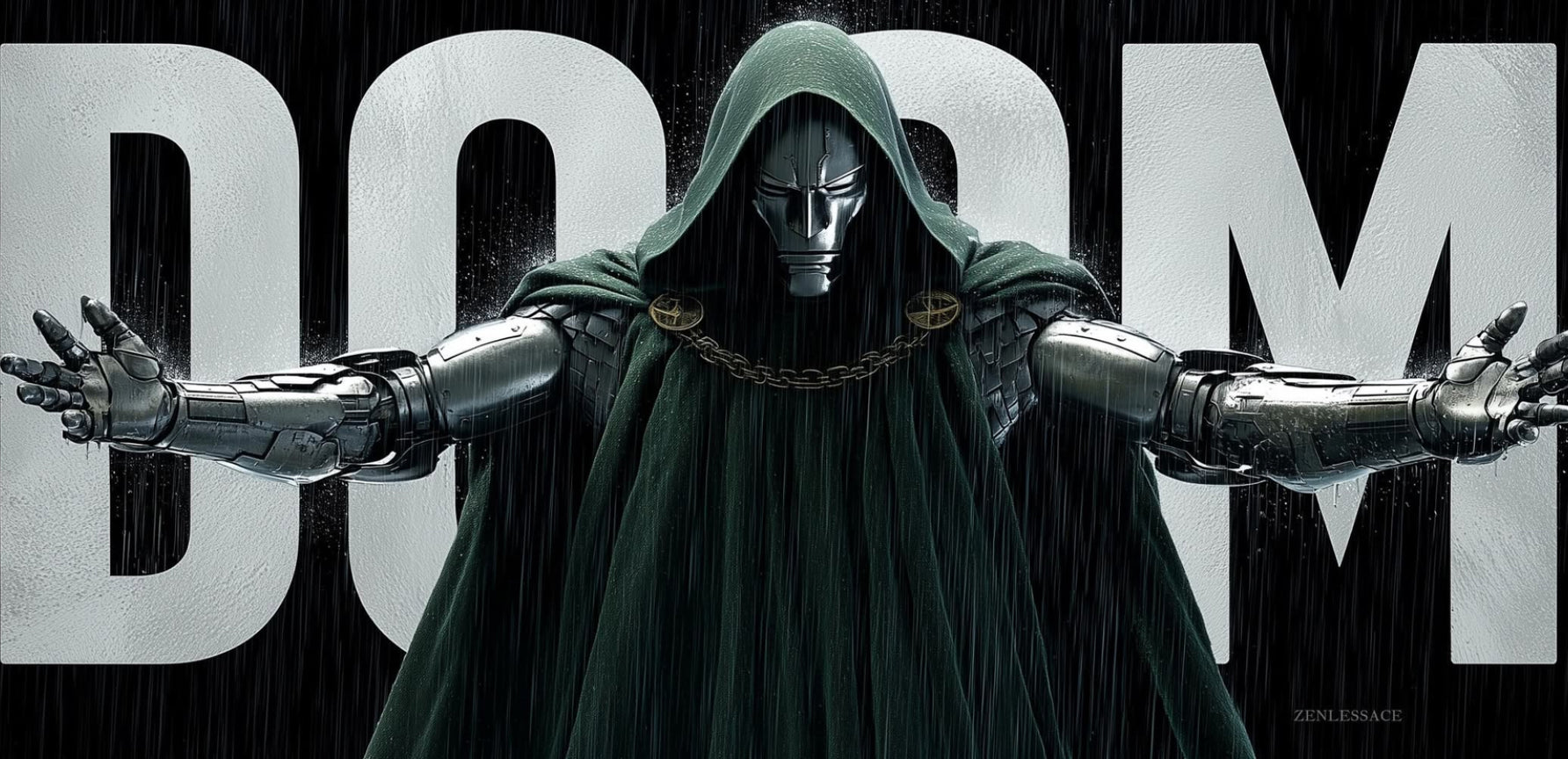 A stylized poster-like artwork of a hooded armored figure with metallic arms and a dark green cloak, posed in front of large white letters spelling DOOM against a dark rainy background.