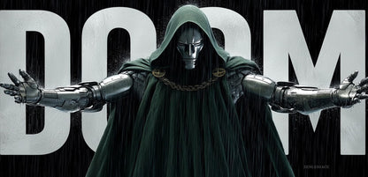 A stylized poster-like artwork of a hooded armored figure with metallic arms and a dark green cloak, posed in front of large white letters spelling DOOM against a dark rainy background.
