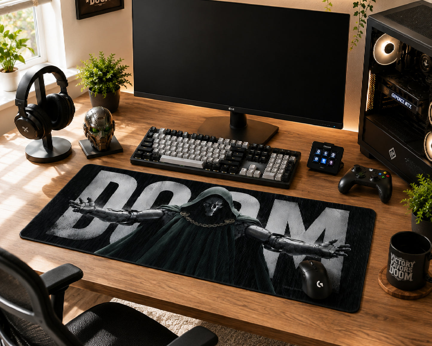 A large black gaming desk mat featuring a graphic of a hooded figure with outstretched arms and the word 'DOOM' in bold white letters, styled on a wooden desk with a keyboard, monitor, headphones, and other desk accessories.