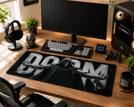 A large black gaming desk mat featuring a graphic of a hooded figure with outstretched arms and the word 'DOOM' in bold white letters, styled on a wooden desk with a keyboard, monitor, headphones, and other desk accessories.