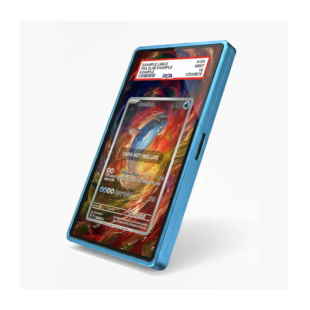 A blue protective smartphone case shown at an angle on a light gray background, with a sample Pokémon trading card graphic displayed on the screen and a PSA authentication label visible near the top.