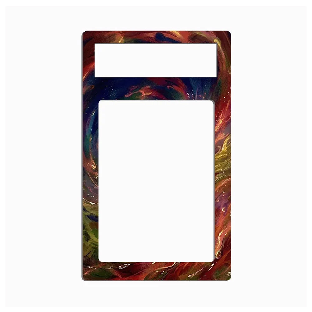 A decorative rectangular frame or plate with a colorful marbled swirl pattern in red, blue, green, yellow, and brown, featuring two cutout openings at the top, shown on a plain white background.