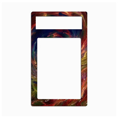 A decorative rectangular frame or plate with a colorful marbled swirl pattern in red, blue, green, yellow, and brown, featuring two cutout openings at the top, shown on a plain white background.