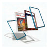 A clear acrylic display card case with a metallic blue frame, shown in multiple angles around a graded collectible card on a white background.
