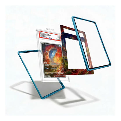 A clear acrylic display card case with a metallic blue frame, shown in multiple angles around a graded collectible card on a white background.