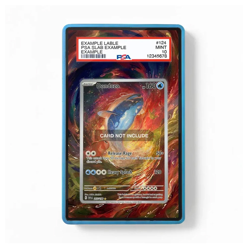 A PSA graded display slab containing a Pokémon card, shown against a plain white background. The slab features a colorful abstract red, orange, and yellow design with a blue border, and the top label shows a PSA Mint certification.
