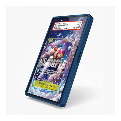 A blue protective phone case shown on a smartphone, displaying a colorful anime trading card game screen. The case is photographed at an angle against a clean white background.