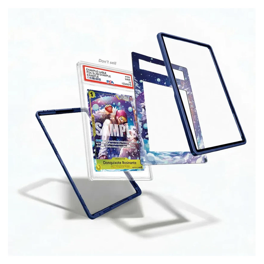 A set of custom protective cases and frames displayed on a clean white background. The set includes a clear case with a colorful 'Simpsons' comic cover insert, a dark blue textured frame, a matching blue frame with a starry night sky print, and a blue frame with a pastel galaxy print.