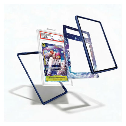 A set of custom protective cases and frames displayed on a clean white background. The set includes a clear case with a colorful 'Simpsons' comic cover insert, a dark blue textured frame, a matching blue frame with a starry night sky print, and a blue frame with a pastel galaxy print.