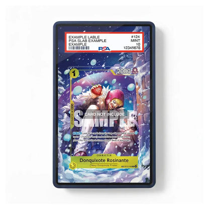 A PSA-graded collectible trading card in a black protective slab, featuring Donquixote Rosinante from the Pokémon TCG. The slab has a white header with a barcode and grading details, and the card itself has a purple fantasy illustration with a large 'SAMPLE' watermark overlay.