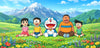 A colorful illustrated scene of five cartoon characters sitting in a flower-filled meadow with green hills and snow-capped mountains in the background. The central figure is blue and white, and the others wear pink, yellow, orange, and green outfits.
