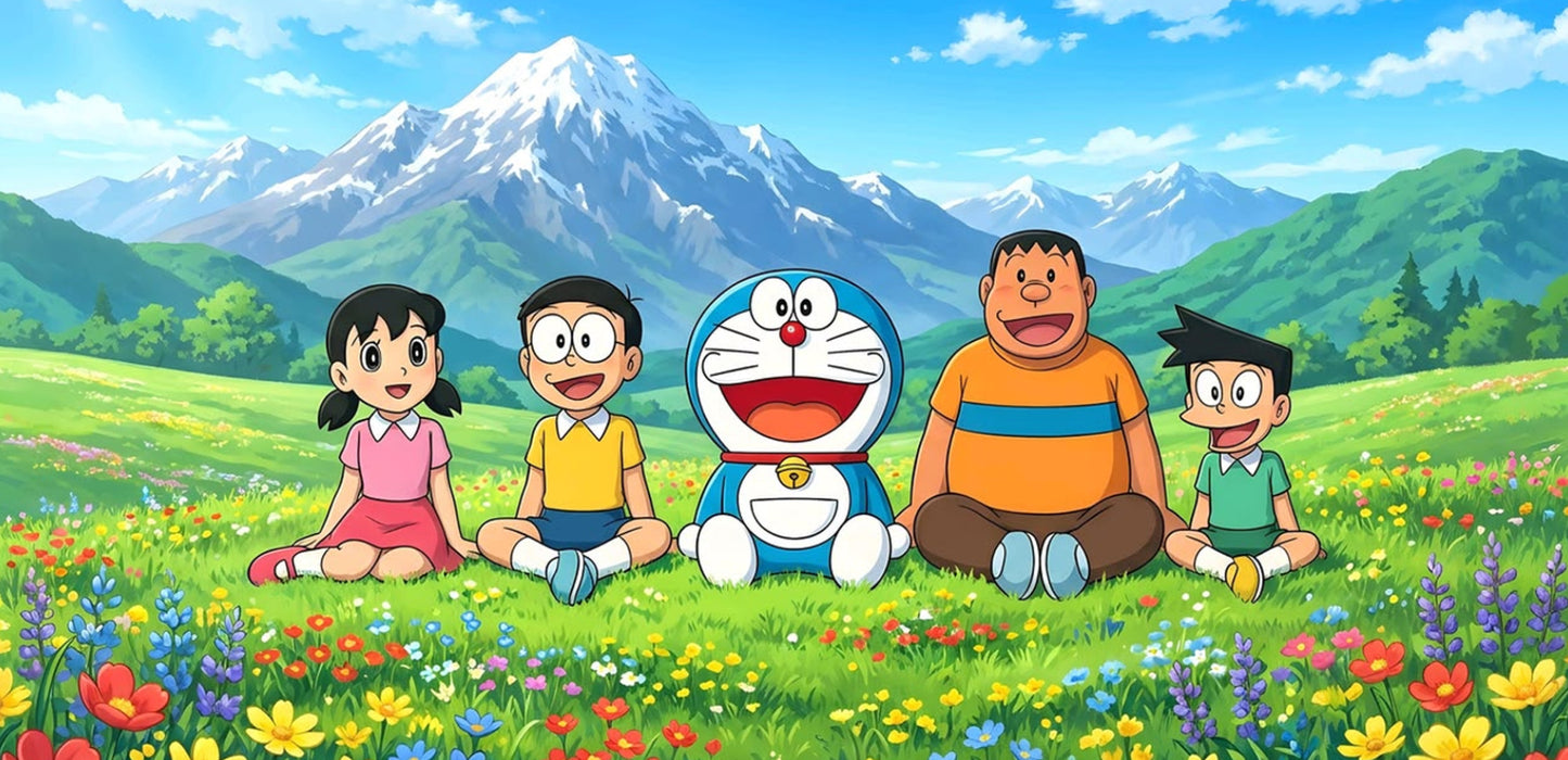 A colorful illustrated scene of five cartoon characters sitting in a flower-filled meadow with green hills and snow-capped mountains in the background. The central figure is blue and white, and the others wear pink, yellow, orange, and green outfits.