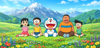 A colorful illustrated scene of five cartoon characters sitting in a flower-filled meadow with green hills and snow-capped mountains in the background. The central figure is blue and white, and the others wear pink, yellow, orange, and green outfits.