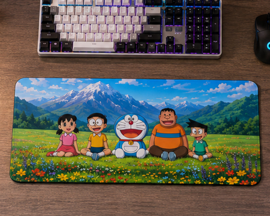 A large rectangular desk mat featuring an illustrated scene of Doraemon characters sitting in a flower field with mountains in the background, placed on a wooden desk below a keyboard and next to a mouse.
