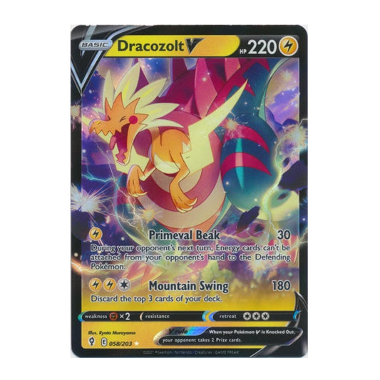 A Dracozolt V Pokémon trading card from the Eevee expansion, featuring a holographic finish with rainbow reflections. The card shows the Dracozolt character with yellow and orange body details against a purple and blue cosmic background, with yellow health points and 220 HP.