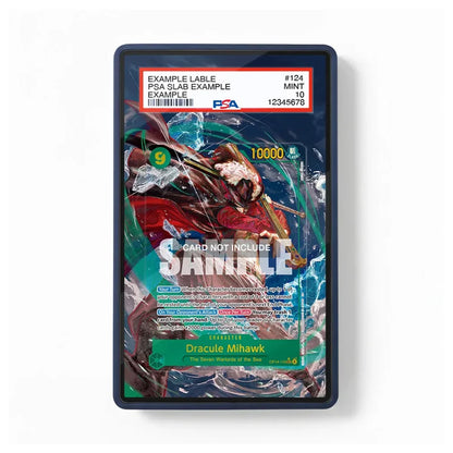 A PSA graded sample collectible card slab showing a Dracule Mihawk card, with a black protective case on a white background.