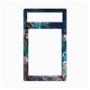 A rectangular decorative frame or plate with two cutouts, featuring an abstract marbled pattern in navy blue, teal, green, red, white, and brown on a light gray background.