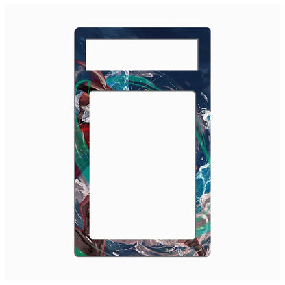 A rectangular decorative frame or plate with two cutouts, featuring an abstract marbled pattern in navy blue, teal, green, red, white, and brown on a light gray background.