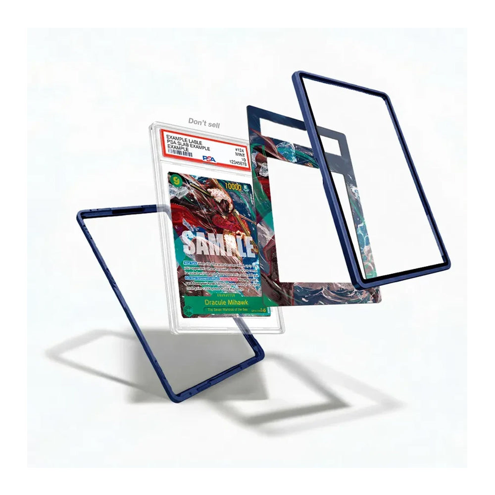 A set of custom comic book sleeves or frames in dark blue, shown floating around a graded comic book sample on a clean white background.