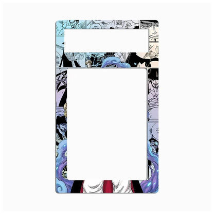 A rectangular picture frame with a colorful manga-style border featuring blue, purple, black, white, and red comic panels, shown on a plain white background.