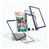 A set of custom comic book frame holders with dark blue textured borders, shown floating around a graded comic book certificate to demonstrate how they fit and display collectibles.