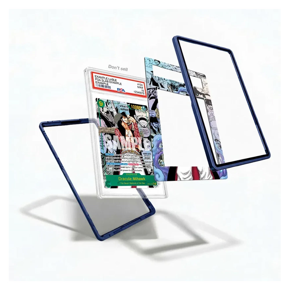 A set of custom comic book frame holders with dark blue textured borders, shown floating around a graded comic book certificate to demonstrate how they fit and display collectibles.