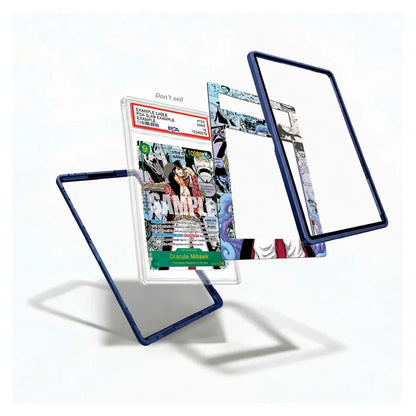 A set of custom comic book frame holders with dark blue textured borders, shown floating around a graded comic book certificate to demonstrate how they fit and display collectibles.