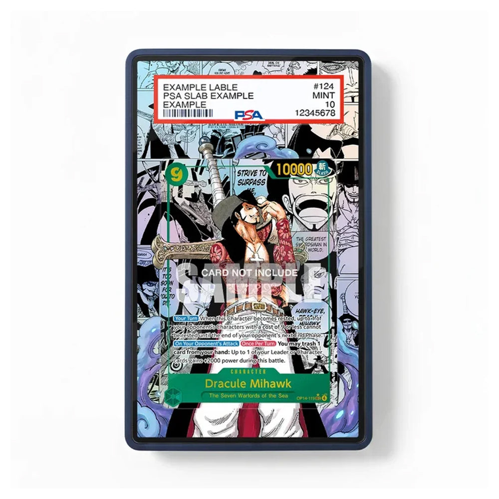 A PSA-certified collectible card featuring Dracule Mihawk from One Piece, displayed inside a black protective slab. The card is shown with a PSA grading label at the top and a 'CARD NOT INCLUDE' watermark overlay in the center.