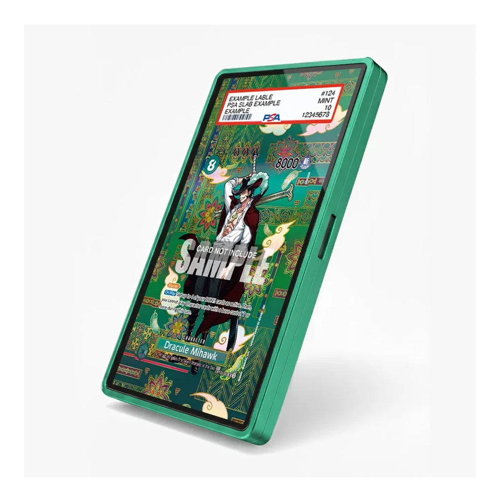A mint green rectangular electronic device, likely a card reader or payment terminal, shown at an angle on a light gray background. The screen displays a colorful Japanese Shinkle travel guide graphic, and a white PCR certification label is visible at the top of the screen.