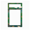 A decorative rectangular picture frame with a green background and intricate gold, pink, and blue geometric and floral patterns, shown on a plain white background.