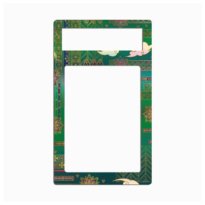 A decorative rectangular picture frame with a green background and intricate gold, pink, and blue geometric and floral patterns, shown on a plain white background.