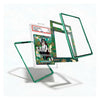 A clear acrylic display card holder with a green frame, shown disassembled with several transparent panels floating around a sample insert card. The product is photographed on a clean white background with soft shadows.