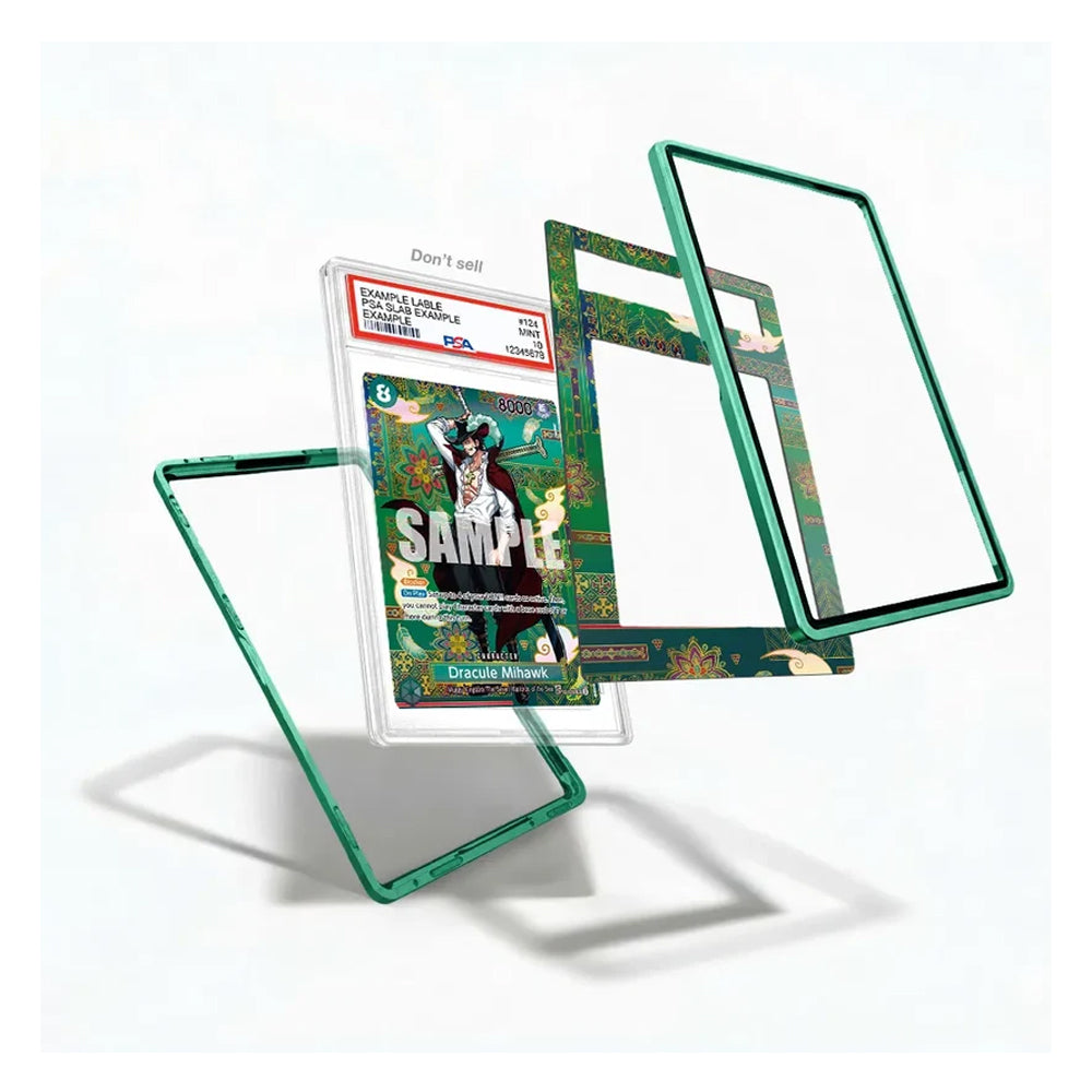 A clear acrylic display card holder with a green frame, shown disassembled with several transparent panels floating around a sample insert card. The product is photographed on a clean white background with soft shadows.