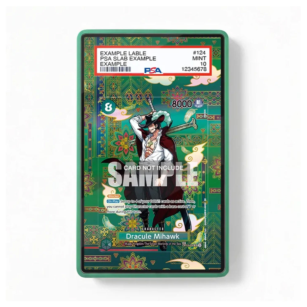 A collectible card in a green protective slab, featuring an illustration of Dracile Mihawk from Sword Art Online. The card is labeled 'EXAMPLE LABLE' at the top with a PSA grading label overlay, and has a 'CARD NOT INCLUDE' watermark across the center.