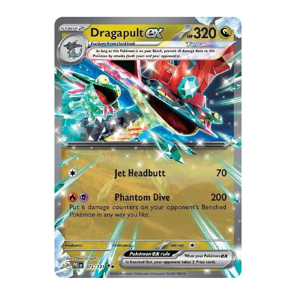 A Pokémon TCG collectible card featuring the ex-Evolution Dragonapult, with artwork of the red dragon and its blue energy effects, set against a plain white background.