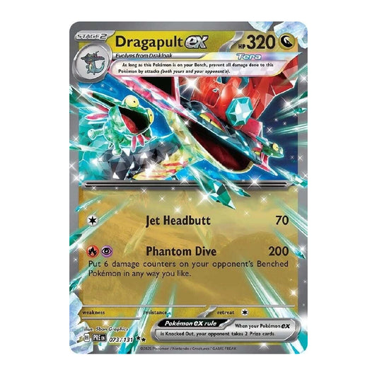 A Pokémon TCG collectible card featuring the ex-Evolution Dragonapult, with artwork of the red dragon and its blue energy effects, set against a plain white background.