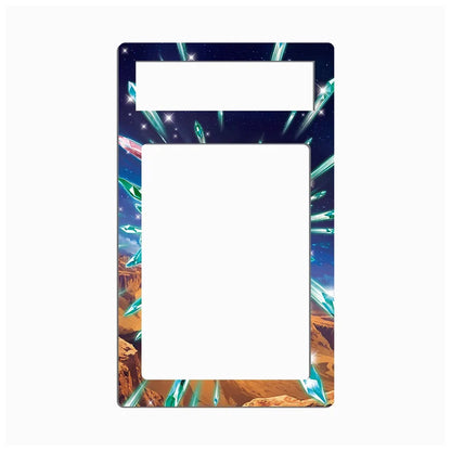 A rectangular plastic frame or bezel insert with a printed sci-fi space design featuring a dark starry sky, glowing teal energy beams, and orange canyon rock formations, shown on a plain white background.