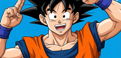 An anime-style illustration of a young Goku with spiky black hair, wearing his signature orange and blue martial arts uniform against a bright blue background.